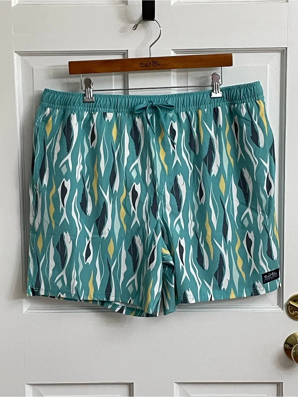 Salt Life Men’s Teal Patterned Swim Trunks with Yellow & Navy Accents